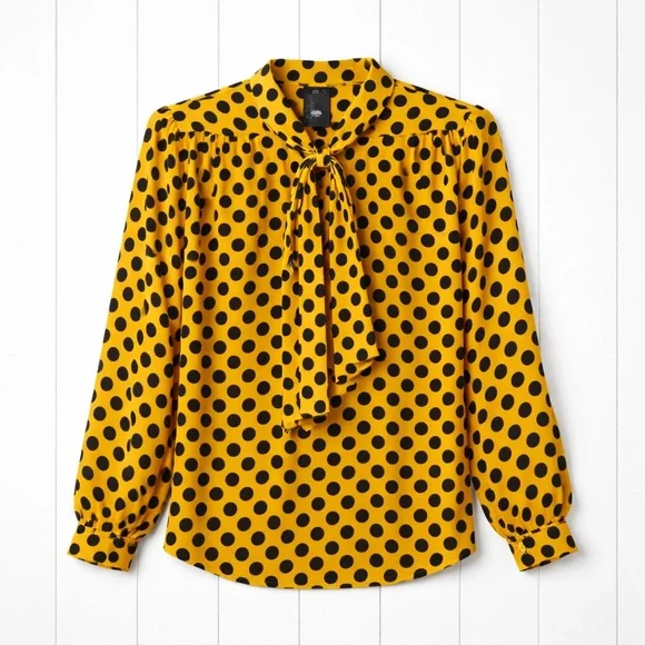 🤎 Worthington Yellow & Black Polka Dot Tie-Neck Blouse | NWT | Size M/L - Picture 3 of 9